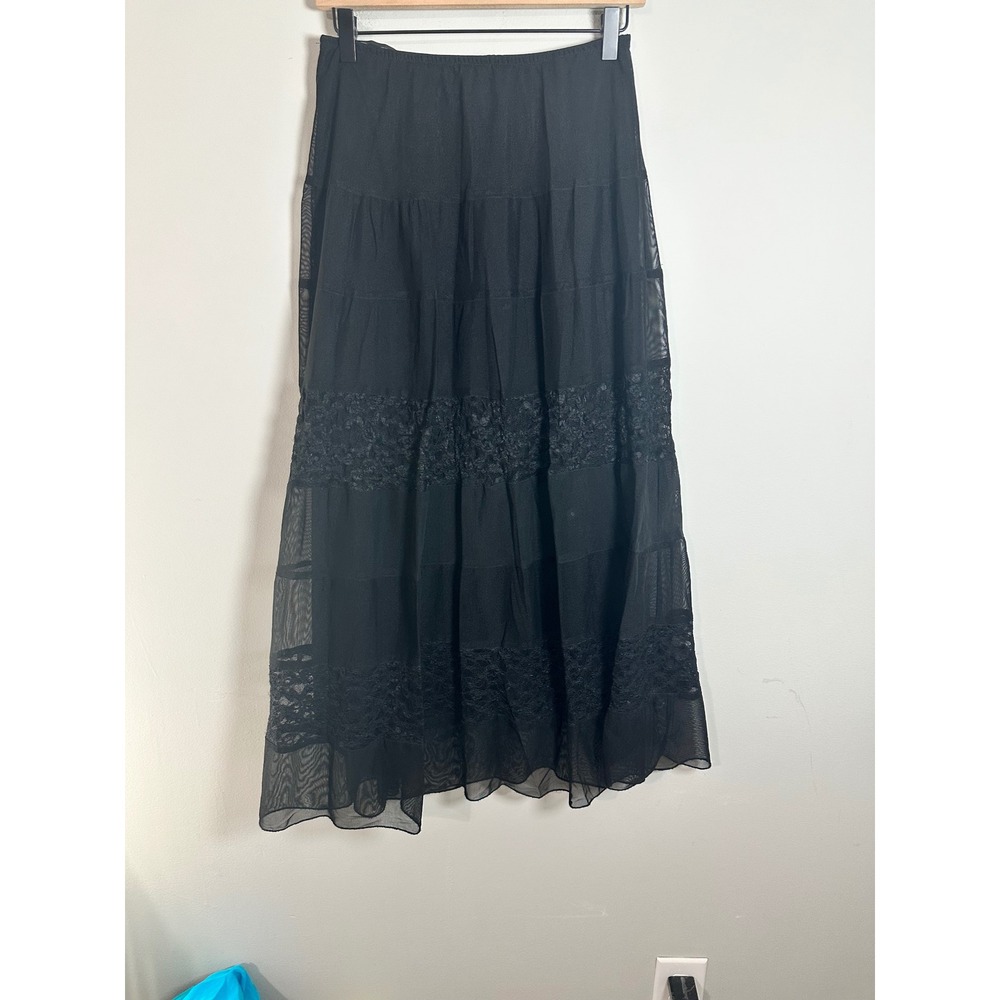 MSK Women Black Tiered Mesh Lace Maxi Skirt Small Boho Gothic Whimsigoth 31497
